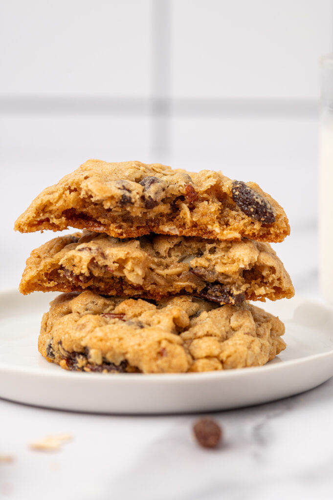 The inside of Brown Butter Oatmeal Raisin Cookies stacked on a plate.