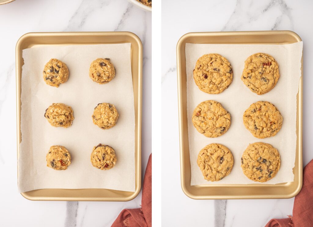 Brown Butter Oatmeal Raisin Cookies, before and after baking on a cookie sheet.