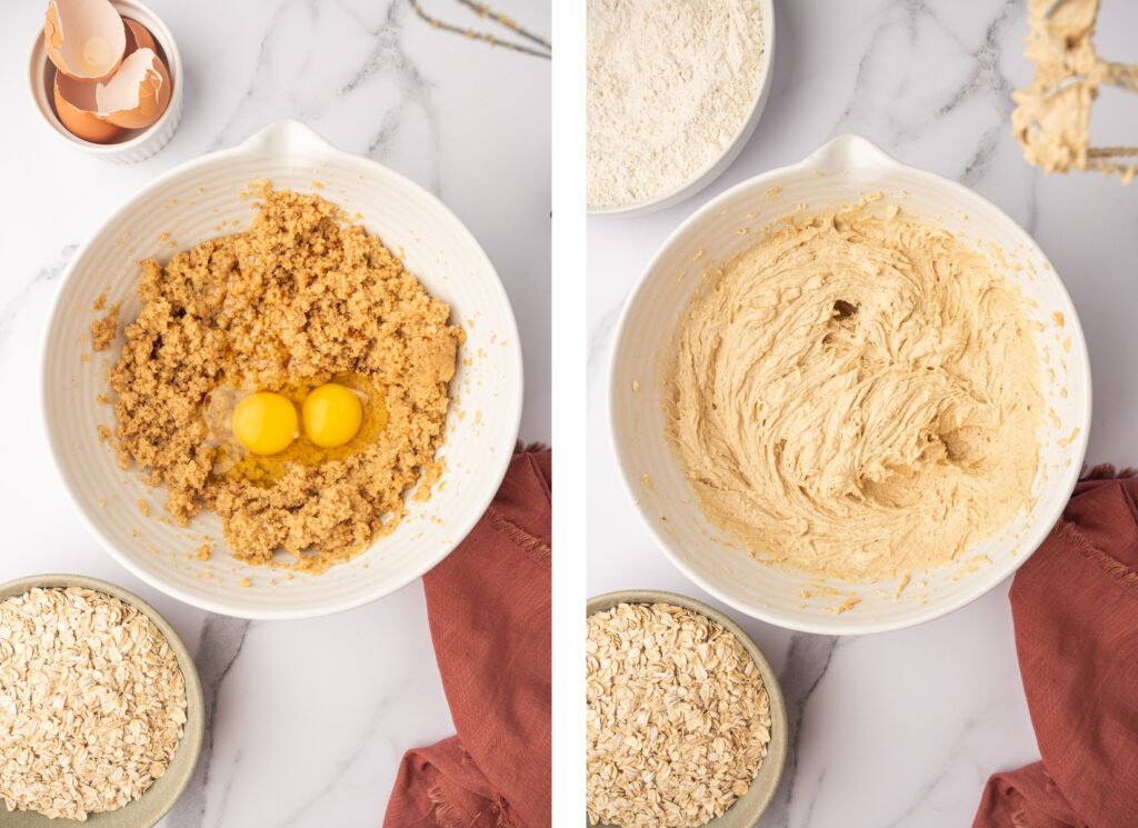 Mixing the ingredients for Brown Butter Oatmeal Raisin Cookies.