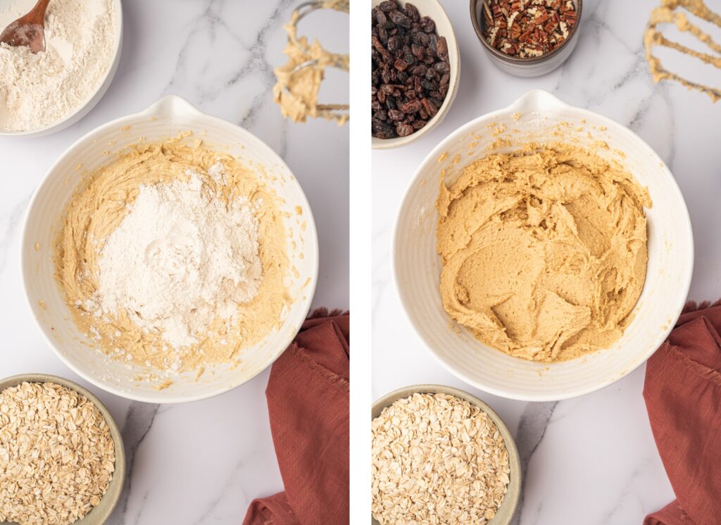 Adding the dry ingredients to the dough for Brown Butter Oatmeal Raisin Cookies.