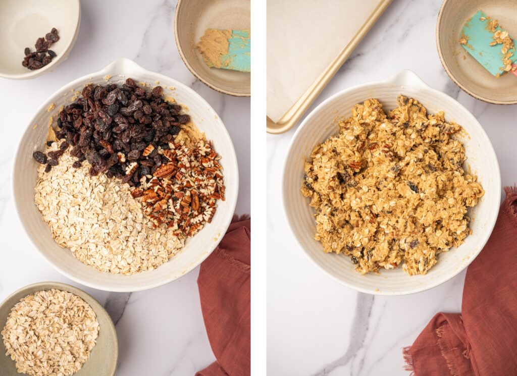 Adding the oats, pecans, and raisins for Brown Butter Oatmeal Raisin Cookies.