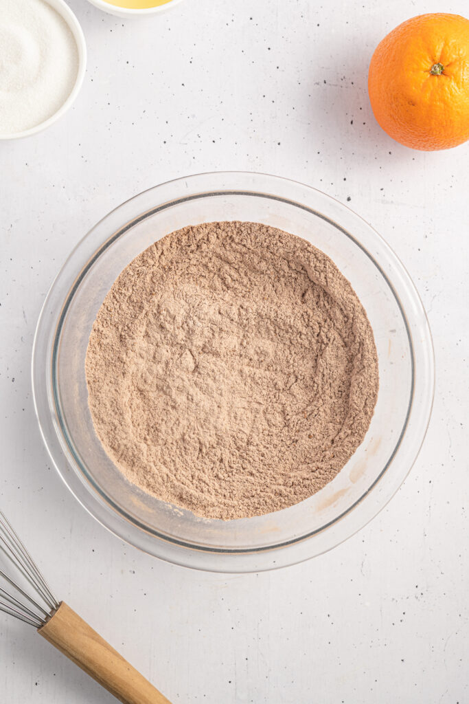 Dry ingredients mixed together for Chocolate Orange Cupcakes.