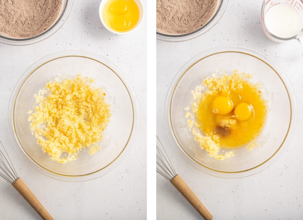 Mixing the sugar, butter, and eggs in a large bowl for Chocolate Orange Cupcakes.