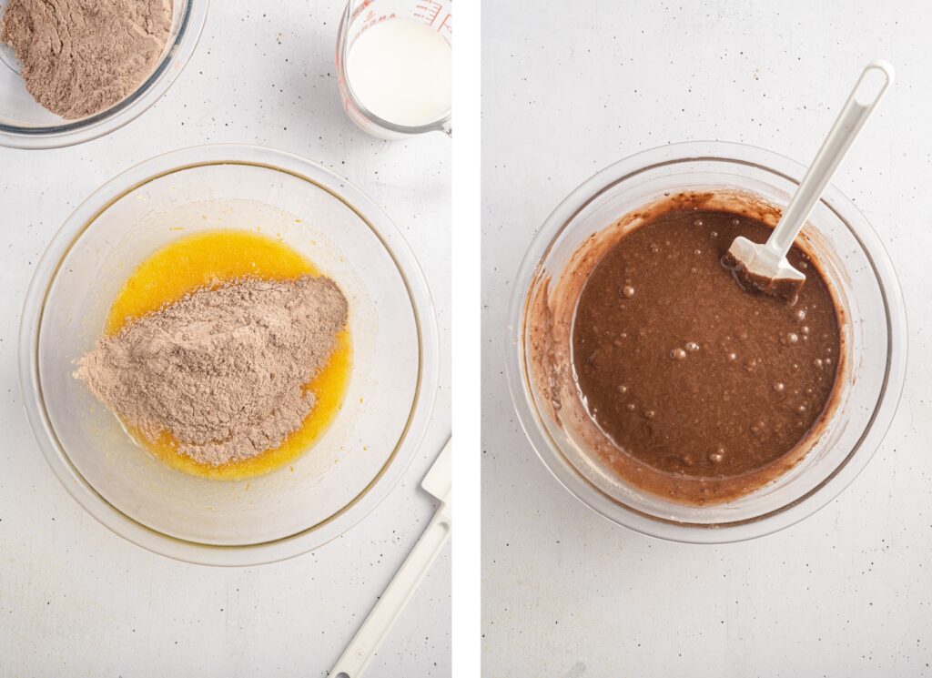 Adding the dry ingredients to the wet ingredients for Chocolate Orange Cupcakes.