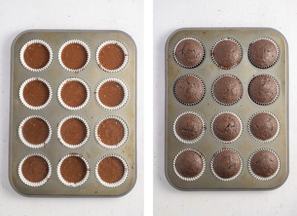 Chocolate Orange Cupcakes, before and after being baked in a muffin pan.
