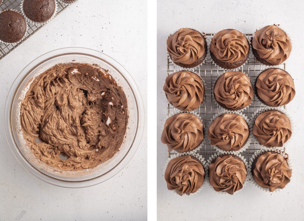 Making and adding the frosting on to Chocolate Orange Cupcakes.