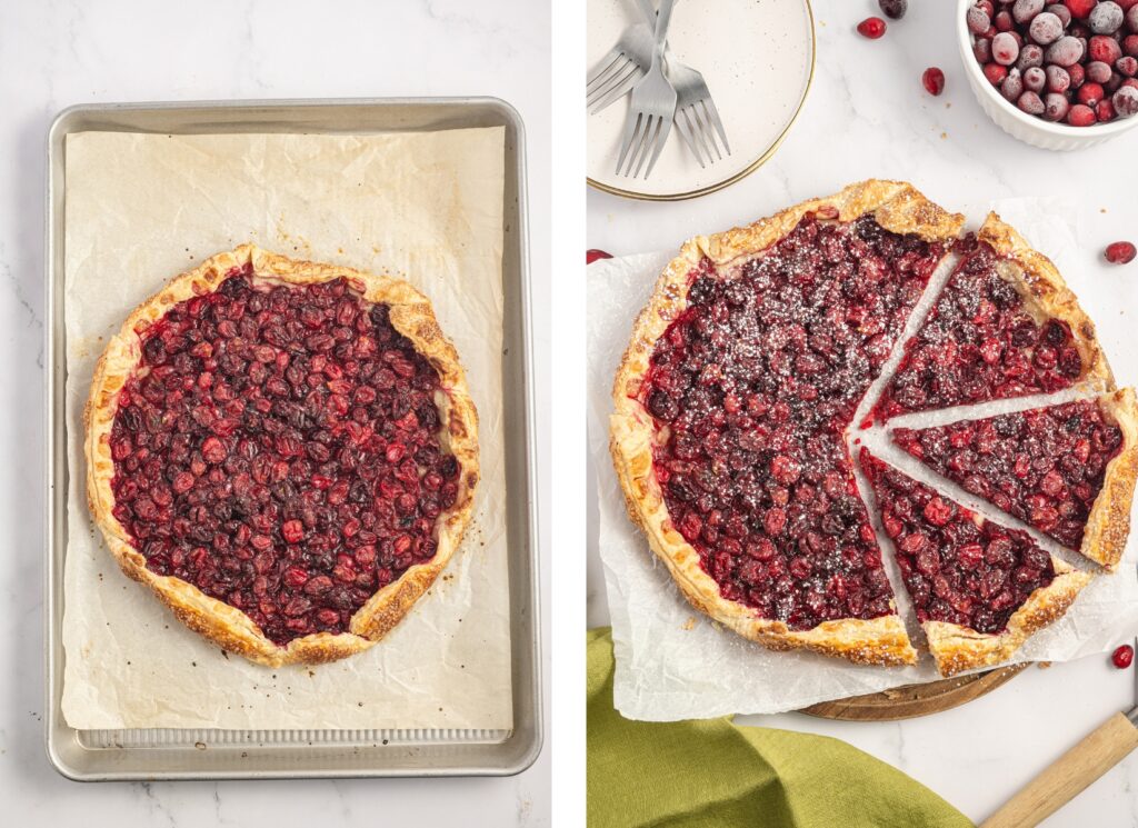 Cranberry Galette baked on a large baking sheet and sliced on a board.