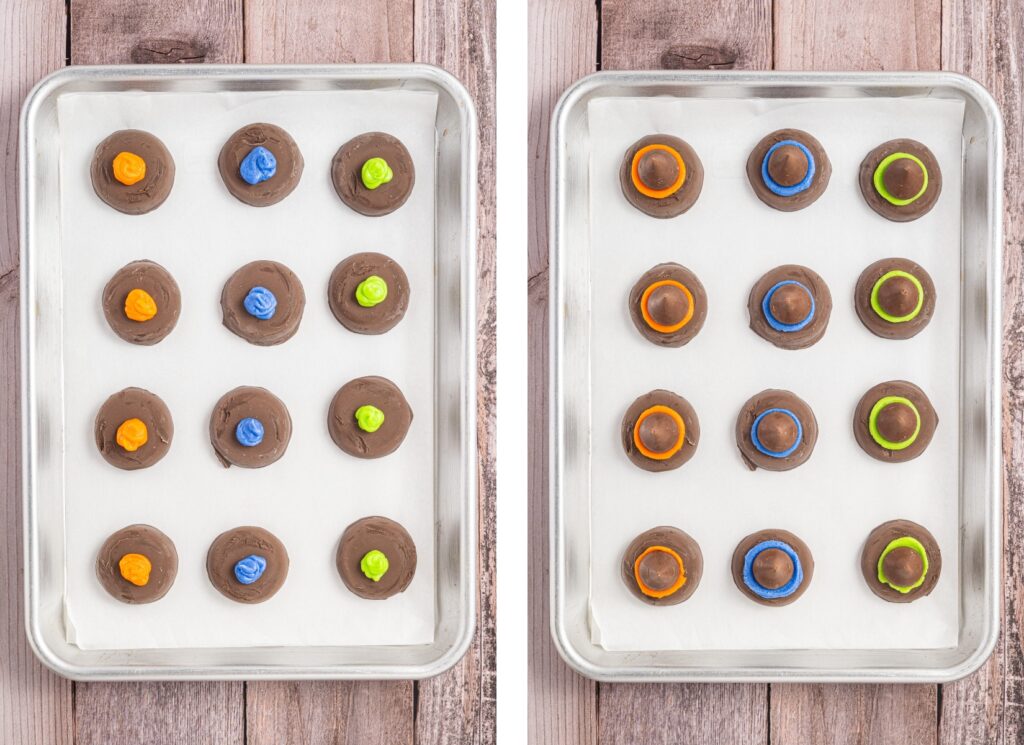 Peanut Butter Witch Hat Cookies being assembled on a baking sheet lined with parchment paper.