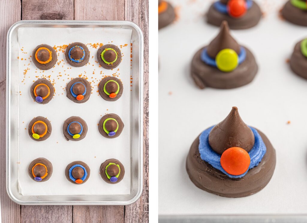 Final assembly step for Peanut Butter Witch Hat Cookies.
