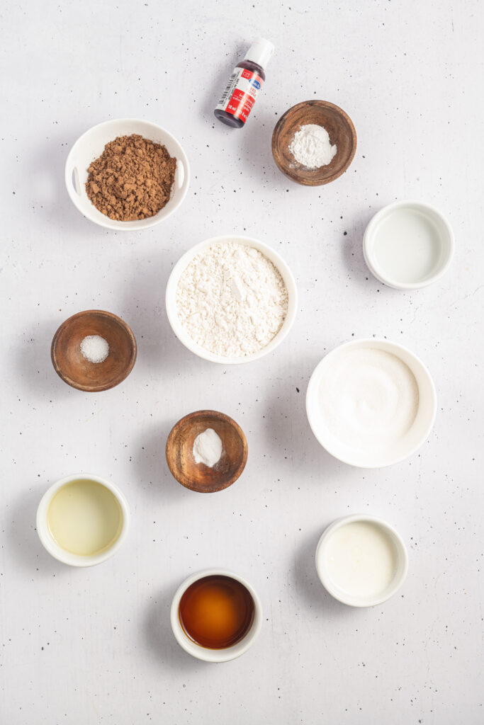 Red Velvet Mug Cake ingredients laid out on a table.