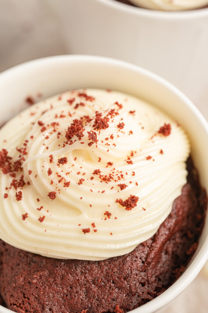 Close up of Red Velvet Mug Cake.