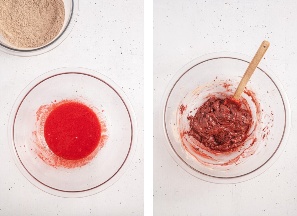 Mixing the ingredients together for Red Velvet Mug Cake.