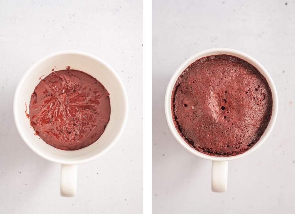 Red Velvet Mug Cake before and after being cooked in the microwave.