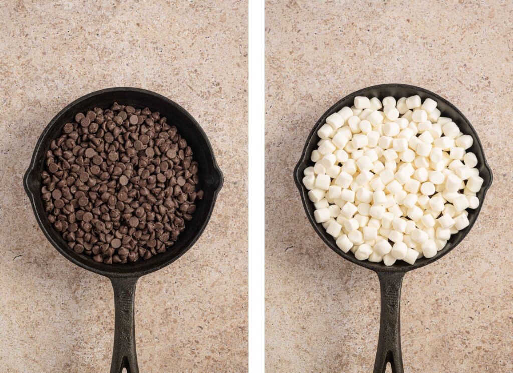 The first two steps for making S'Mores Dip in a small skillet.