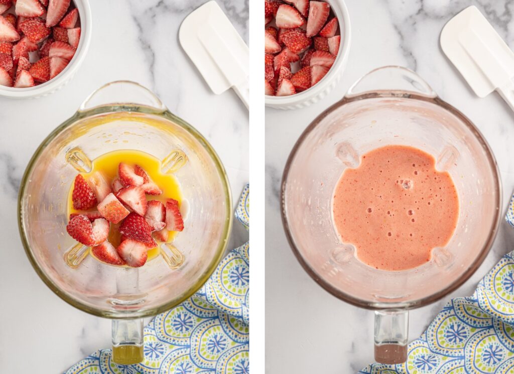 Blending the strawberry layer of a Strawberry Mango Smoothie.