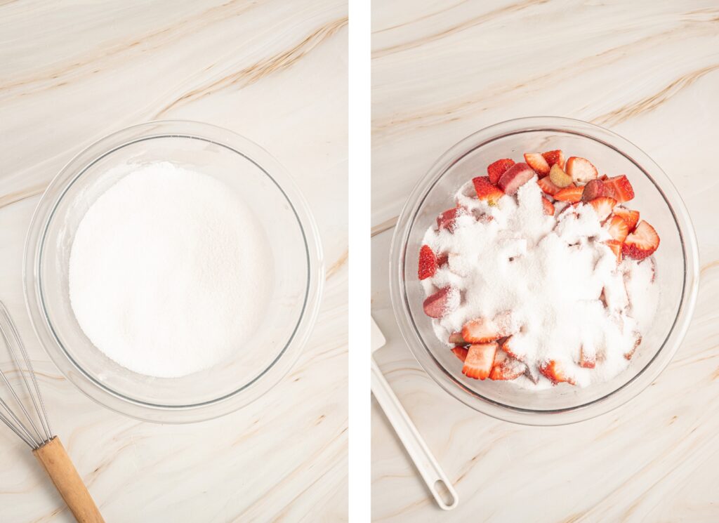 Mixing the strawberries and sugar together for Strawberry Rhubarb Crisp.