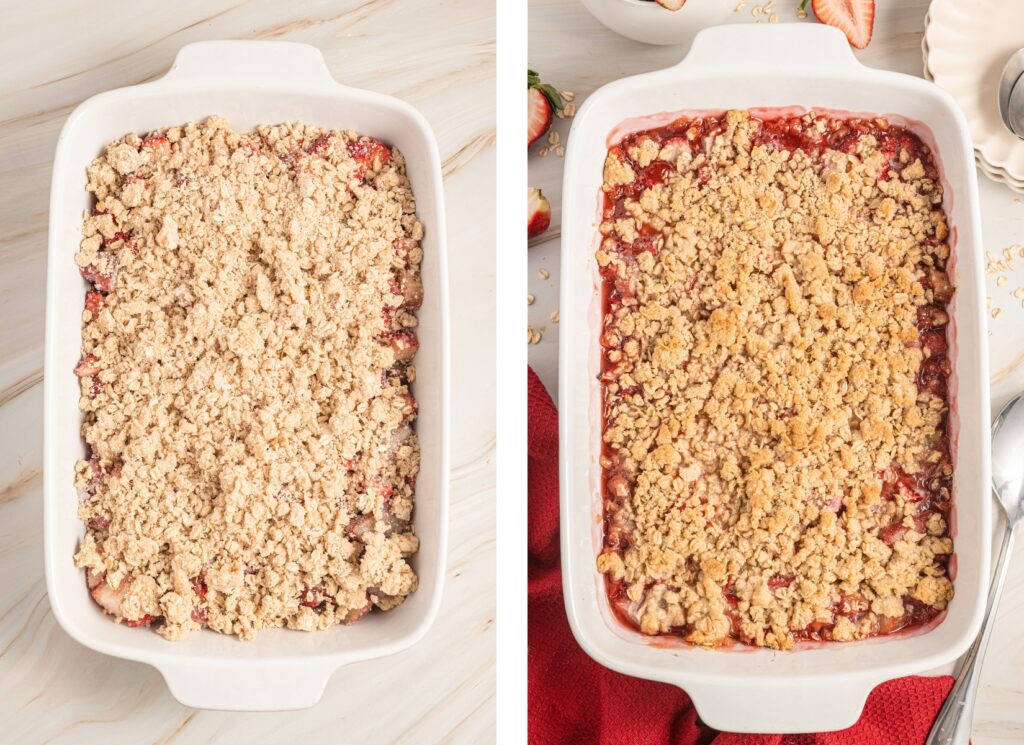 Strawberry Rhubarb Crisp before and after being baked in a white baking dish.