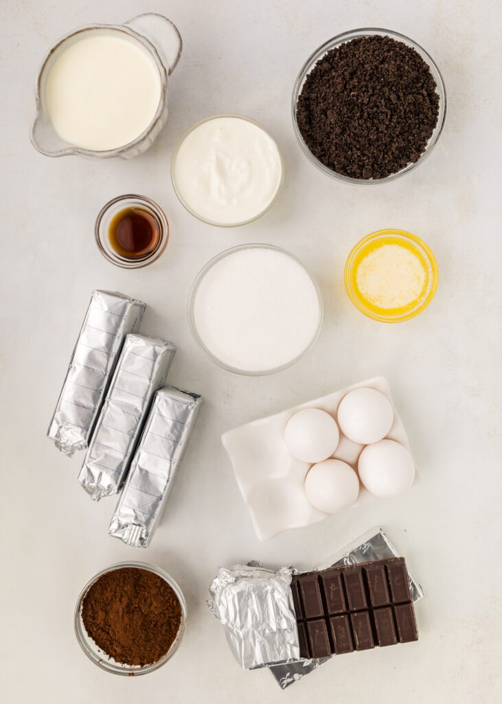 Ingredients for triple chocolate cheesecake.