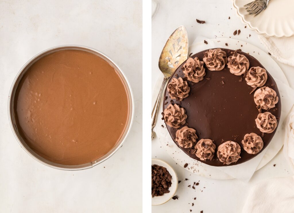 Triple chocolate cheesecake, before and after being baked.