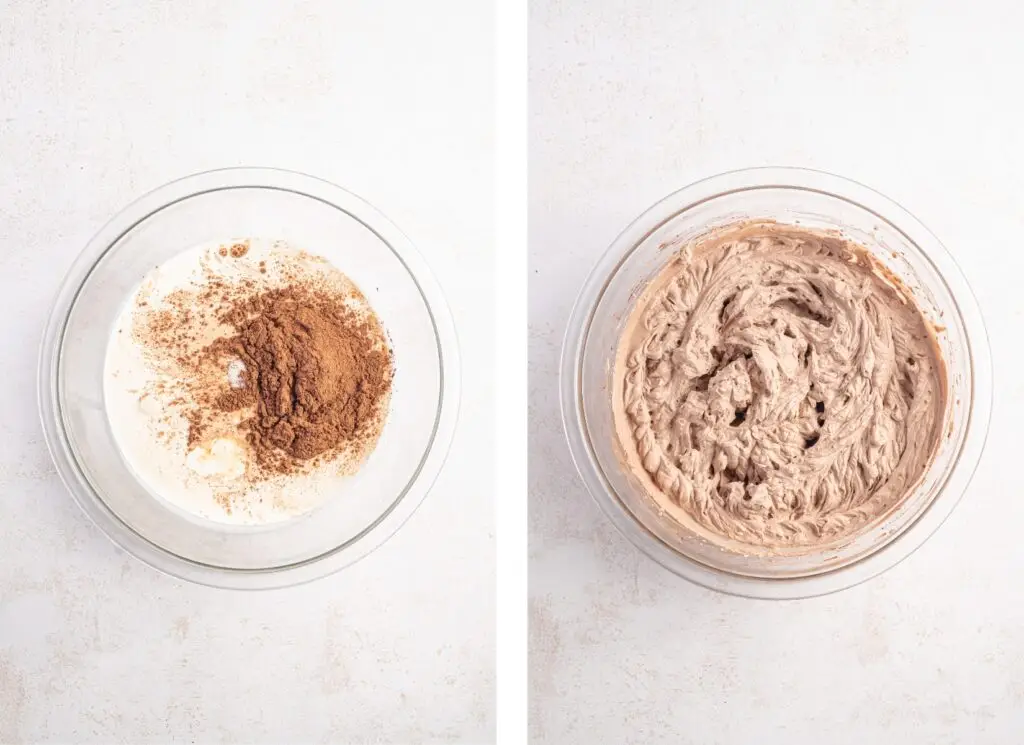 Chocolate whipped cream ingredients before and after being mixed.