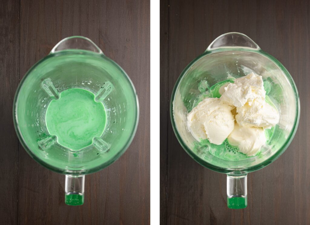 Adding the ingredients for a shamrock shake into the blender.
