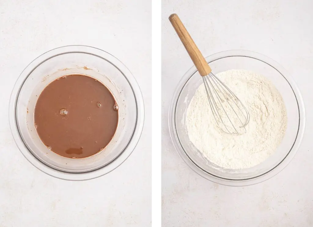 Bowl of mixed water, cocoa powder, and expresso powder, and a bowl of dry ingredients for wacky cake.