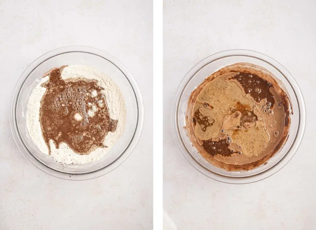 Mixing together the dry and wet ingredients for Wacky Cake in a mixing bowl.