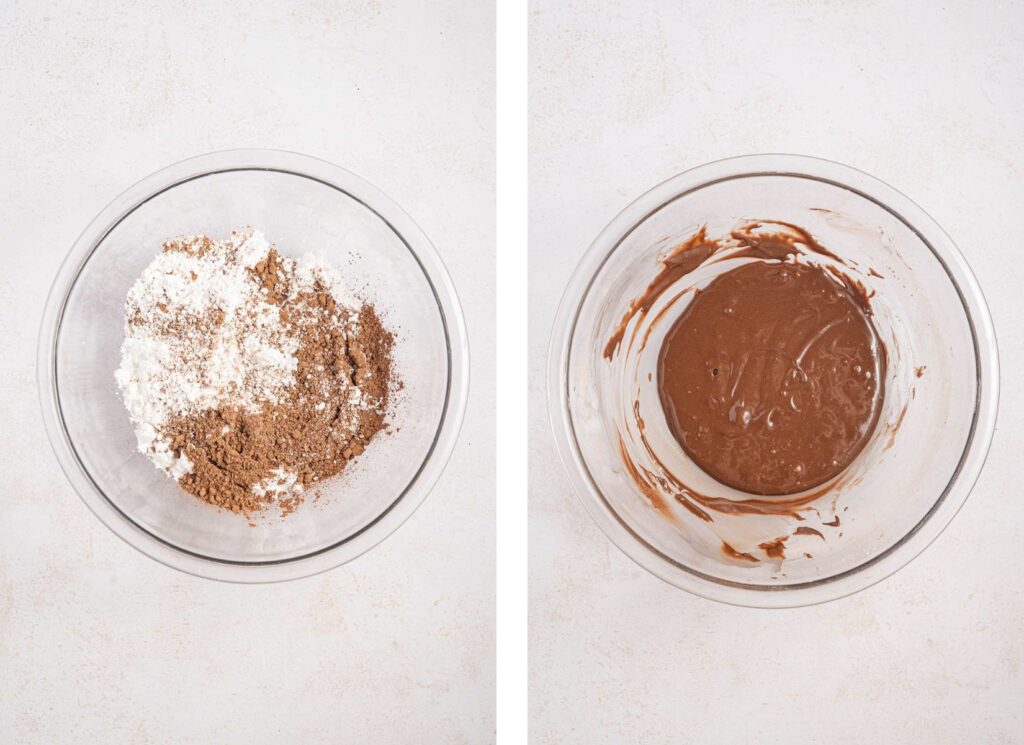 Mixing together the chocolate icing for wacky cake.