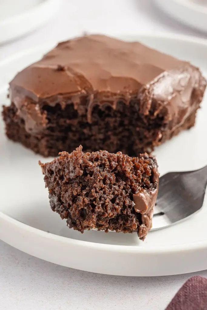Wacky Cake with a bite taken out of it on a white plate.