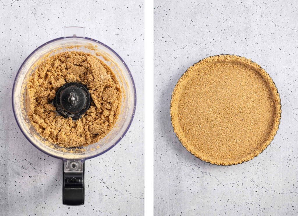Graham cracker crust in a food processor and pressed in a tart pan.
