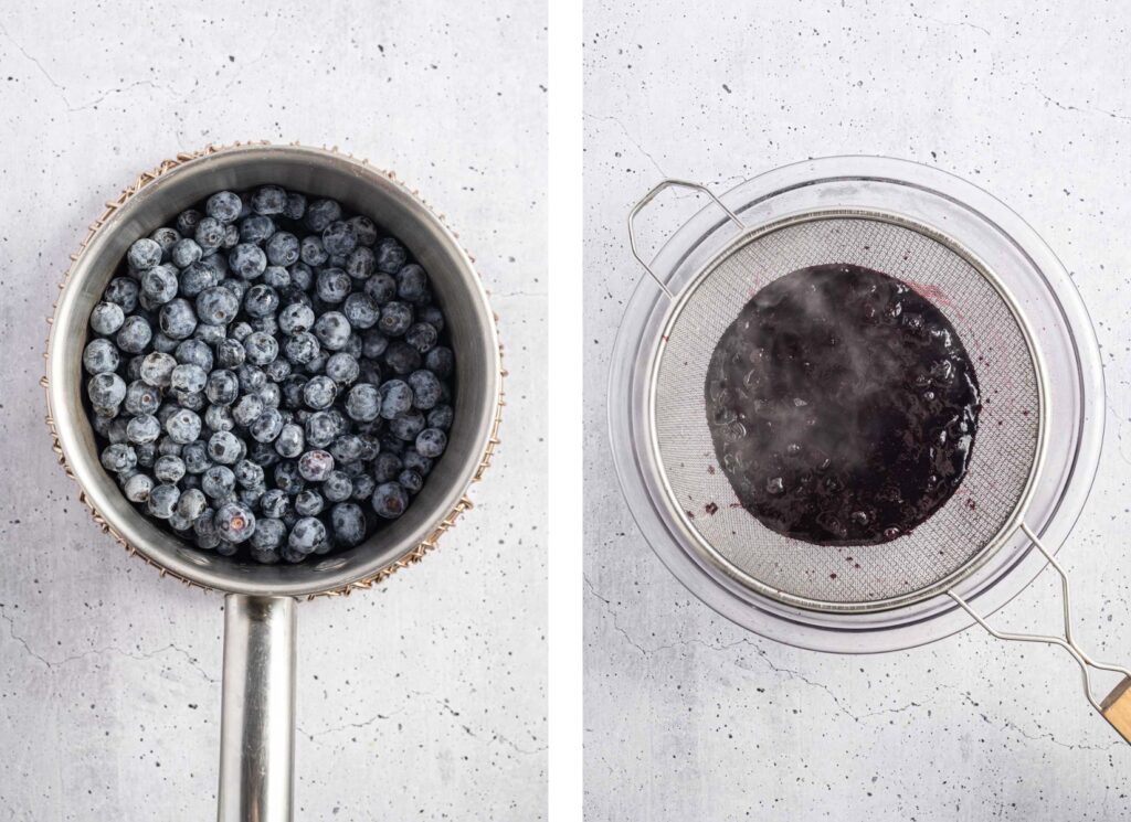 Blueberries in a saucepan and after being strained through a mesh sieve.
