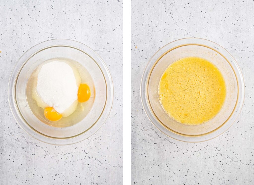 Eggs and sugar beat together before and after.