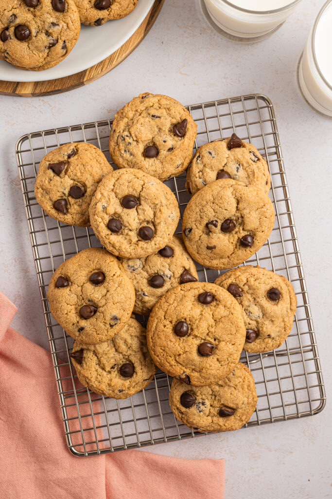 Eggless Chocolate Chip Cookies on a cooling rack.