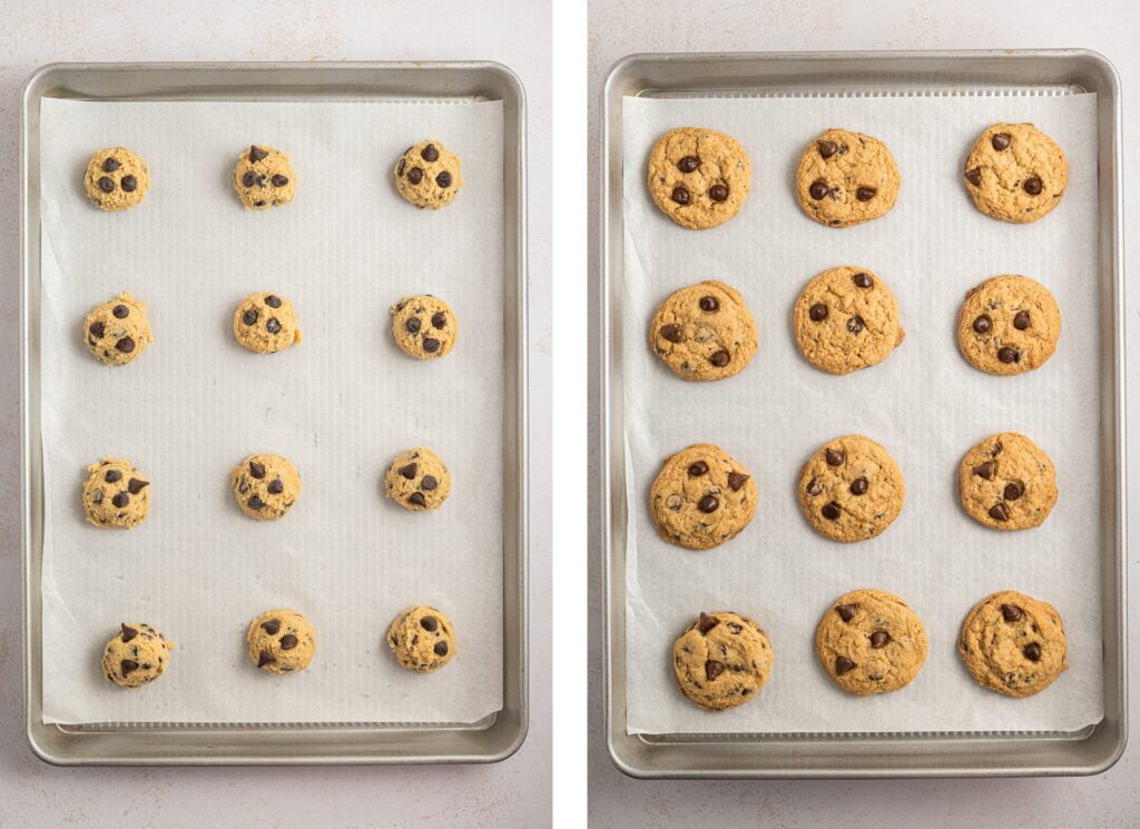 Eggless chocolate chip cookies on a baking pan. Before and after being baked.