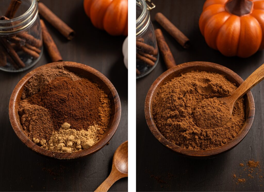 Homemade Pumpkin Pie Spice, before and after being mixed in a small bowl.