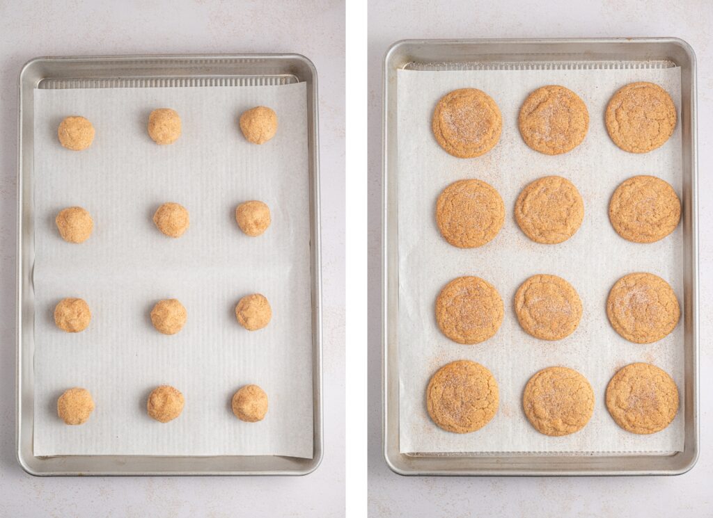 Maple snickerdoodles on a baking sheet, before and after baking.