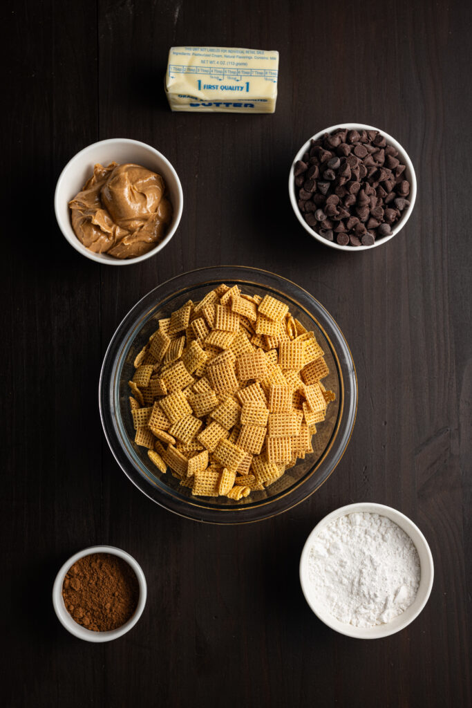 Ingredients for pumpkin spice puppy chow laid out.