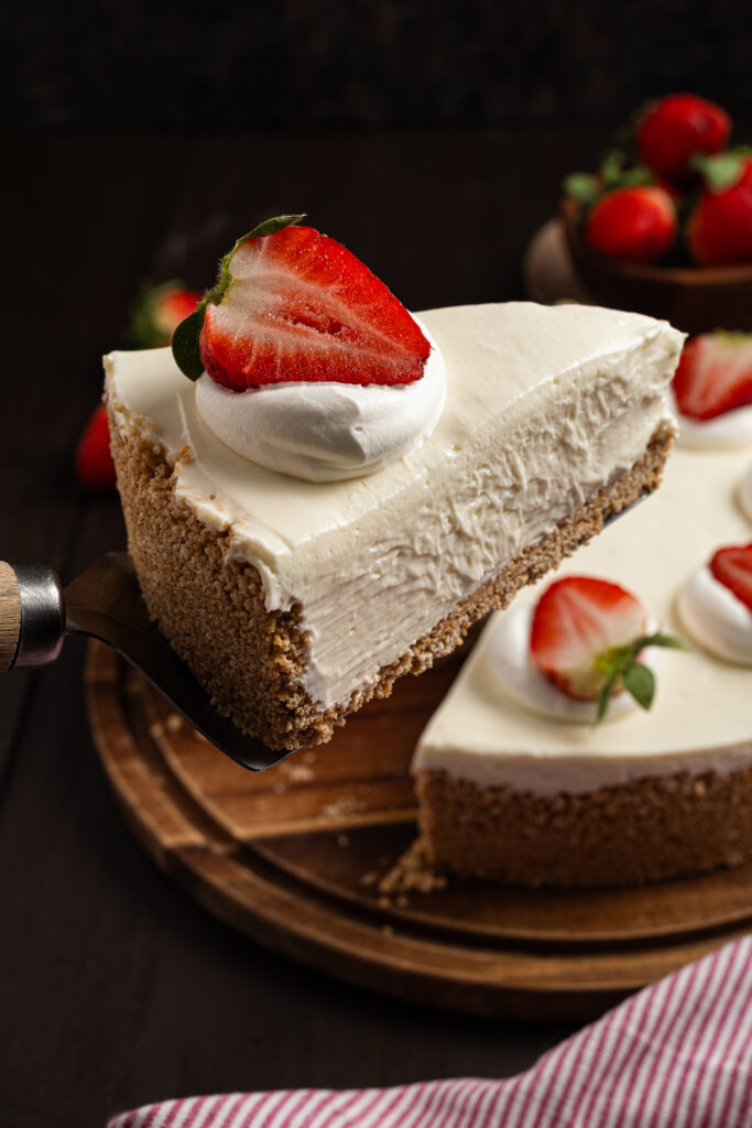 A slice of no bake cheesecake.