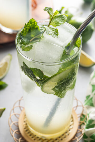 Nojito in a glass with a metal straw and mint sprig garnish.